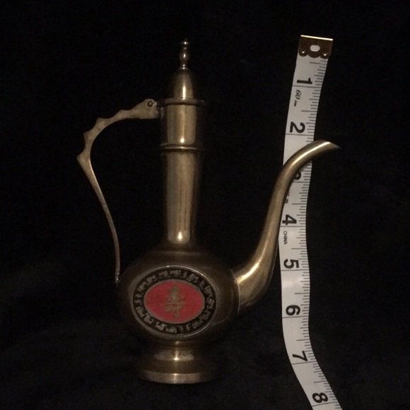 Chinese brass teapot w/attached hinged lid & Chinese writings w/red enamel. - Picture 2 of 6